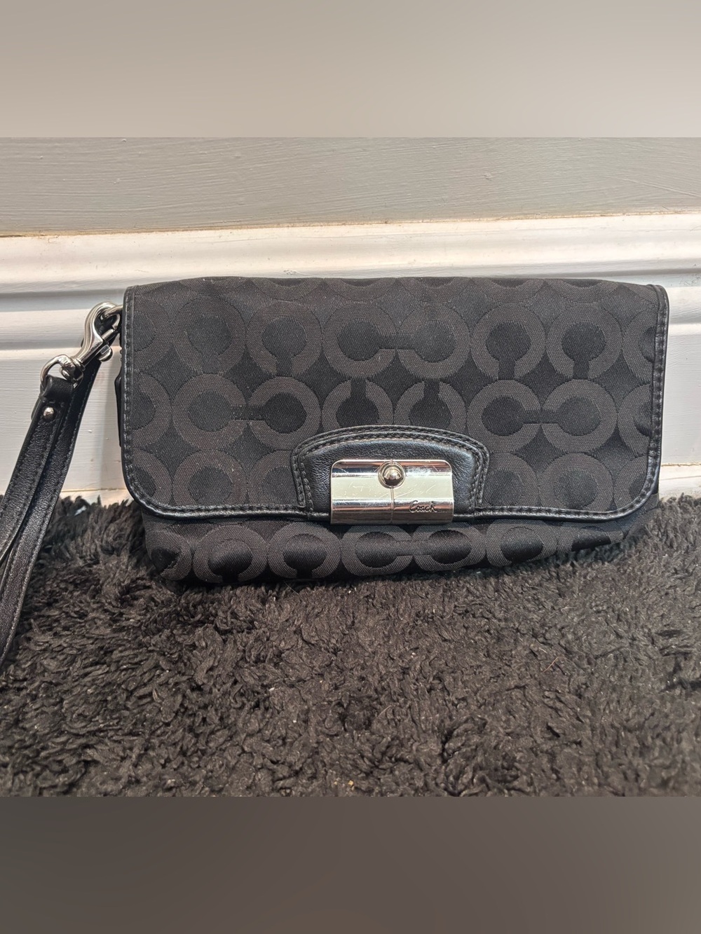 Coach Kristin Black Signature Op Art Canvas Flap Wristlet Clutch